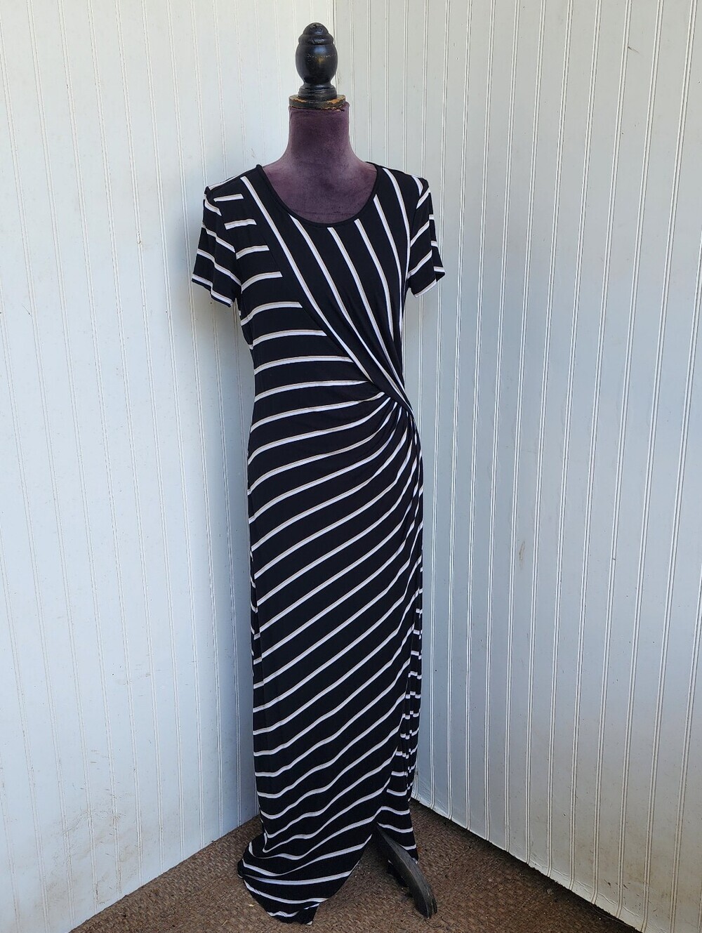Cable & Gauge Black White Steiped Maxi Stretch Dress Women Viscose Short Sleev M